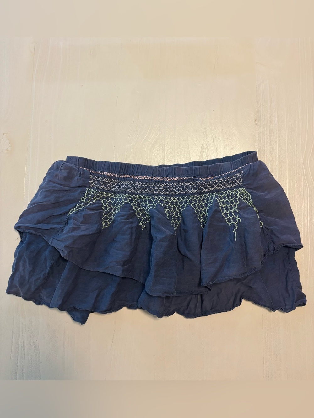 American Eagle Navy Blue Ruffled Mini Skirt with Embroidered Waist